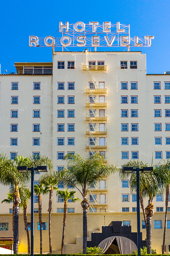 Los Angeles, USA - June 26, 2012: facade of famous historic Roosevelt Hotel in Hollywood, USA. It  first opened on May 15, 1927. It is now managed by Thompson Hotels.