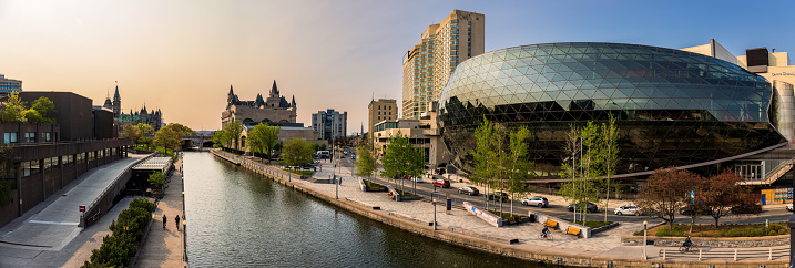 Ottawa's famous Rideau Canal, leading downtown near the Shaw Centre of the Chateau Laurier and the Parliament of Canada.