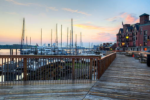 Boston's Harbor Walk at Long Wharf in the early morning of a summer day