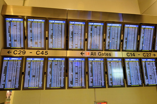 Houston, TX, USA- October 8, 2011:  The trip to Las Vegas started from Houston. Here is the flight information screen of Houston Bush Intercontinental Airport.