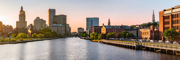 istock Providence downtown skyline and buildings at sunset over Providence River Walk, Rhode Island 1494675970