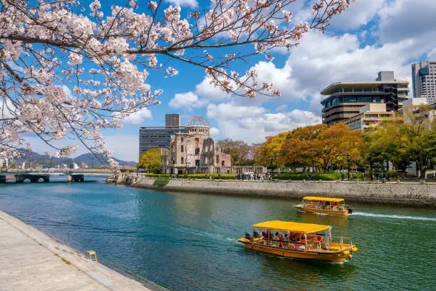Hiroshima Atomic Bomb Dome and the cherry blossom in Kobe, Japan