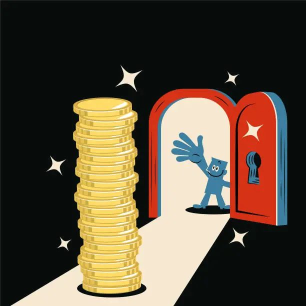 Vector illustration of A smiling blue man opens the door and finds a stack of gold coin money