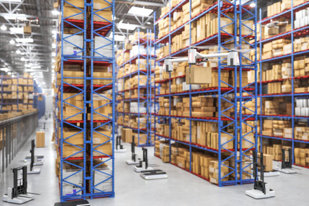 istock Cargo Drones And Automated Robot Carriers In Smart Distribution Warehouse 1494681688
