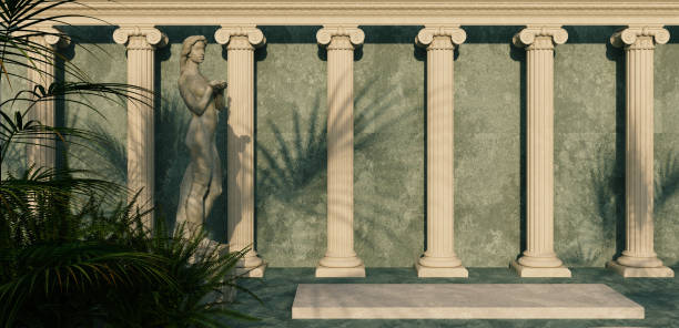 istock illustration of interior with ancient statues and columns. Background for product presentation, muse shadow inspiration, 3d rendering for product presentation 1494687849