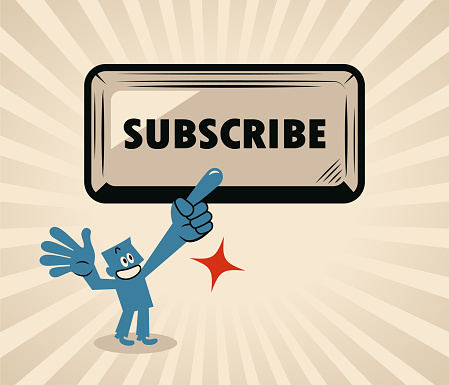 Blue Cartoon Characters Design Vector Art Illustration.
A smiling blue man pushing a big Subscribe button.
