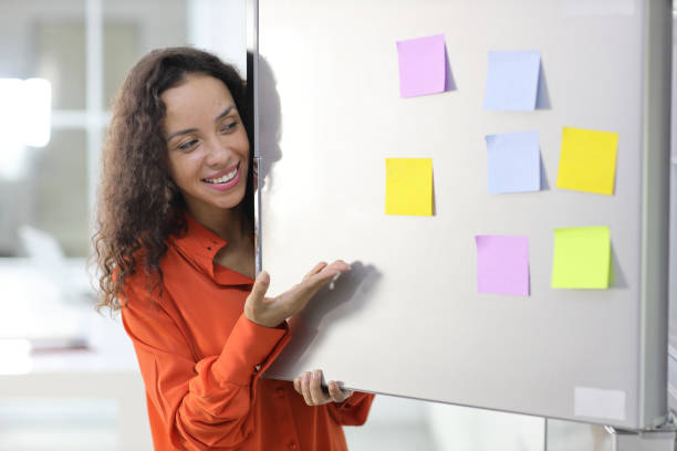 Smart and active latin woman standing and holding different colored sheets of note papers, ready for message on refrigerator in kitchen. Anywhere can work, lifestyle with technology concept