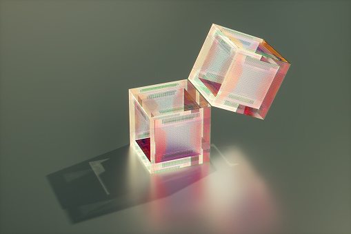 Metal Cube with Blue glass parts. Black background. 3D render.