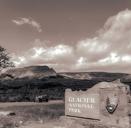 North America, USA,  Glacier National Park,  Entrance monument sign