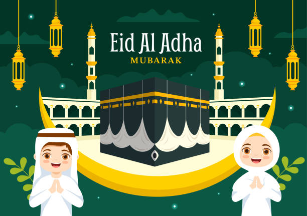 ilustrações, clipart, desenhos animados e ícones de ilustração vetorial feliz de eid al adha mubarak de crianças muçulmanas celebração com animais de sacrifício cabra e vaca em desenhos animados desenhados à mão modelos - eid al fitr