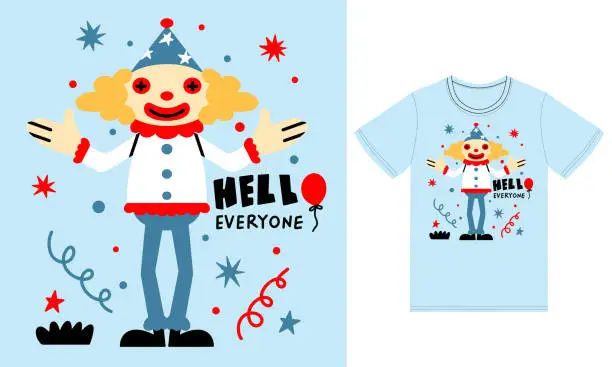Vector illustration of Cute clown illustration with tshirt design premium vector