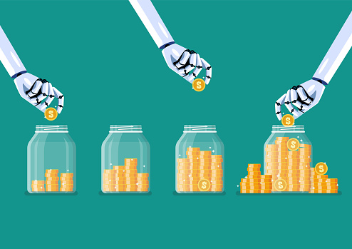 Robot hands saving coins in glass jars. Vector illustration