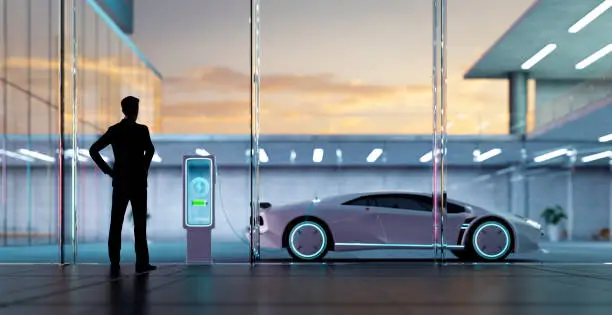 Conceptual image of young businessman looking at electric supercar outside, aspiring to success and having wealth. 3D rendering