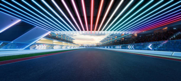 istock 3d rendering racing concept of evening scene futuristic racetrack 1494711076