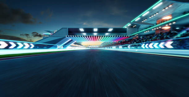 istock 3d Moving racetrack with arrow neon light decoration 1494711108