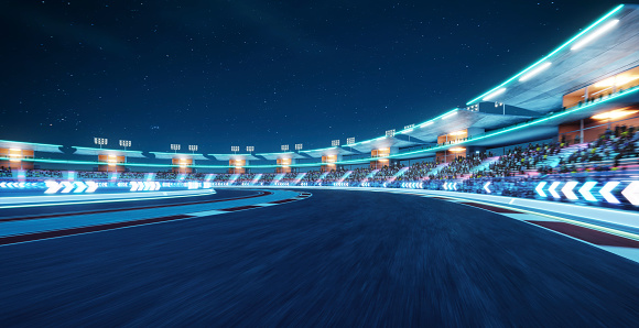 Moving racetrack with arrow neon light decoration. 3d rendering