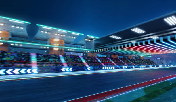 istock 3d Moving racetrack with arrow neon light decoration 1494711131
