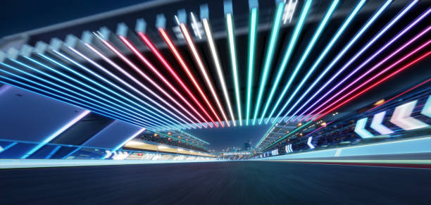 istock 3d Moving racetrack with arrow neon light decoration 1494711133