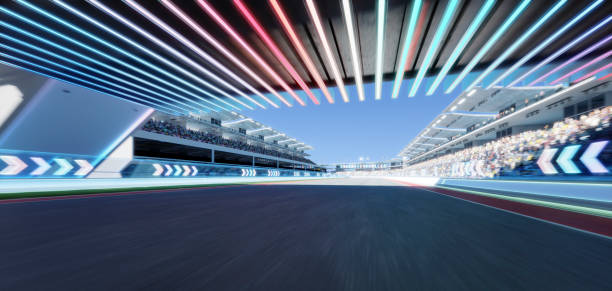 istock 3d Moving racetrack with arrow neon light decoration 1494711187