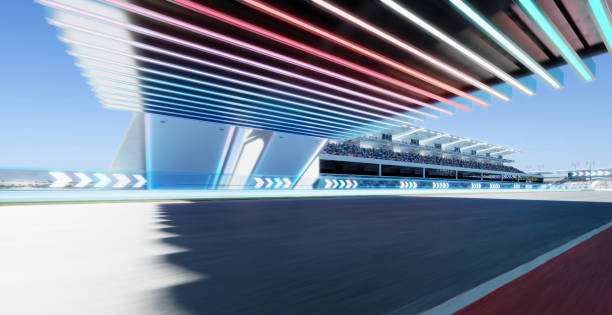 istock 3d Moving racetrack with arrow neon light decoration 1494711189