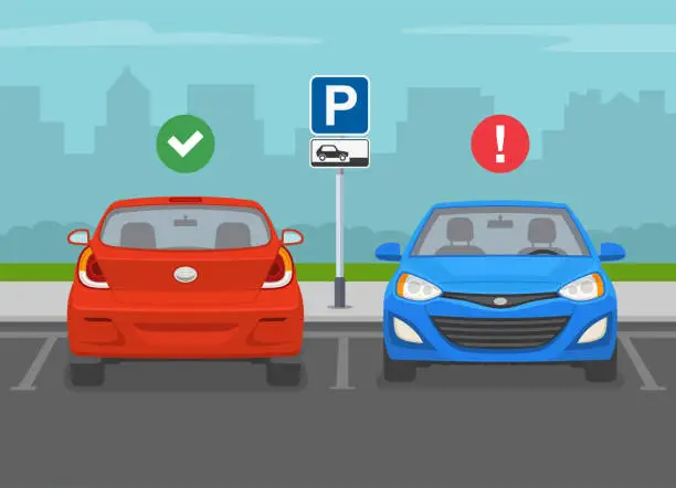 Vector illustration of Outdoor parking tips and rules. Back and front view of a correct and incorrect parked car in the 