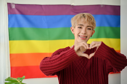 A smiling young Asian queer or gay man showed the heart hand sign while standing in the room with an LGBT rainbow flag behind him on the wall. LGBTQ+, love, equality