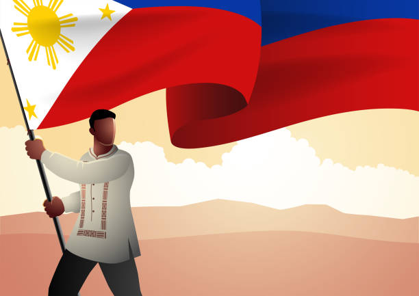 ilustrações, clipart, desenhos animados e ícones de filipino vestindo roupas tradicionais das filipinas segurando a bandeira das filipinas - philippino flag
