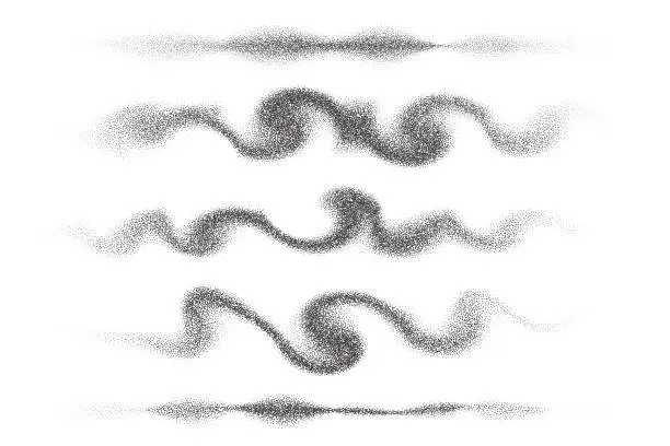 Vector illustration of Wavy smoke effect. Wind and spray with dust texture. Grainy gradient clouds. Stipple mist. Vector collection