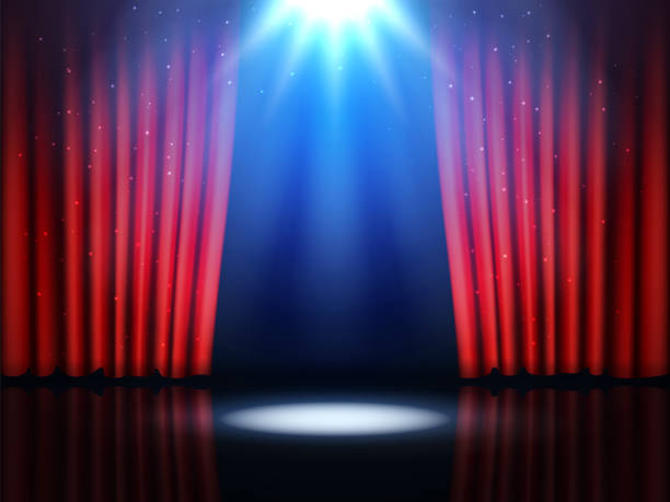 istock Theater show stage. Red curtains. Open Broadway scene. Cabaret backdrop with spotlights. Illuminated spot. Cinema presentation. Scarlet velvet drapery with folds. Vector empty background 1494723353