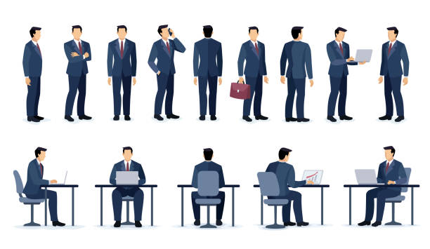 ilustraciones, imágenes clip art, dibujos animados e iconos de stock de conjunto de diseño de personajes de businessman. diseño de diferentes poses. hombre de negocios sentado en el escritorio. - only men illustrations