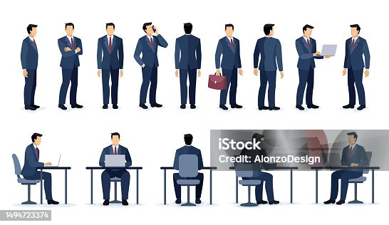 istock Set of Businessman character design. Different poses design. Businessman sitting at desk. 1494723374