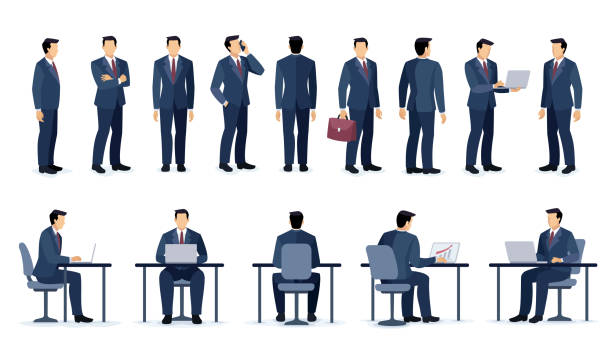 Set of Businessman character design. Different poses design. Businessman sitting at desk. vector art illustration
