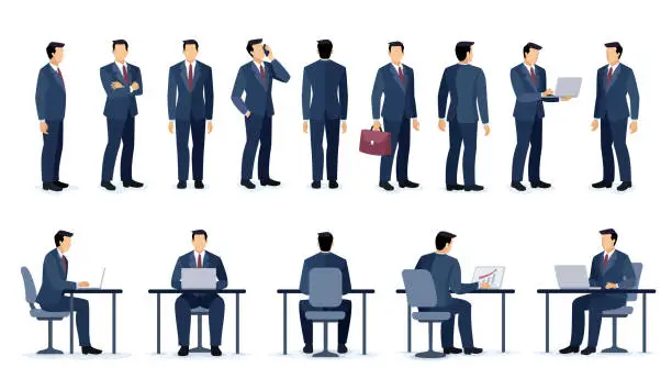 Vector illustration of Set of Businessman character design. Different poses design. Businessman sitting at desk.