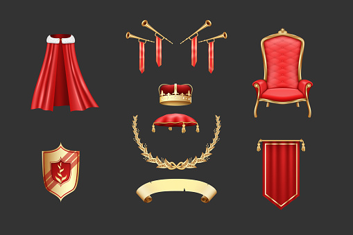 3d king elements, queen gold crown. Royal golden trumpet, prince or knight fanfare, kingdom jewellery, heraldry signs. Red throne and luxury vintage cloak. Vector isolated realistic illustration set