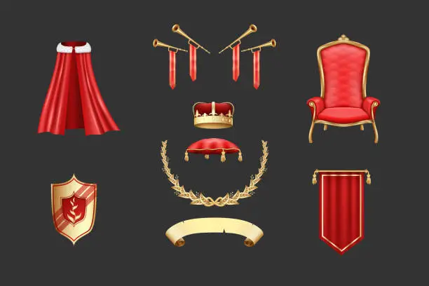 Vector illustration of 3d king elements, queen gold crown. Royal golden trumpet, prince or knight fanfare, kingdom jewellery, heraldry signs. Red throne and luxury cloak. Vector isolated realistic illustration set