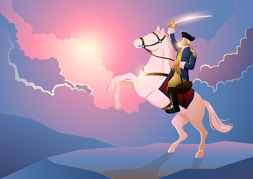 American revolutionary commander figure on horseback on dramatic clouscape background, vector illustration