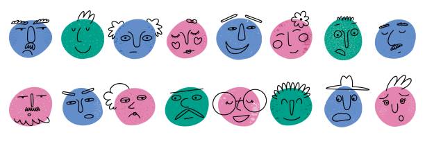 istock Smile face characters, colorful happy family. Abstract doodle expression avatars, people round portrait with comic fun eyes, noses and mouth. Doodle style cvector cartoon illustration 1494724560