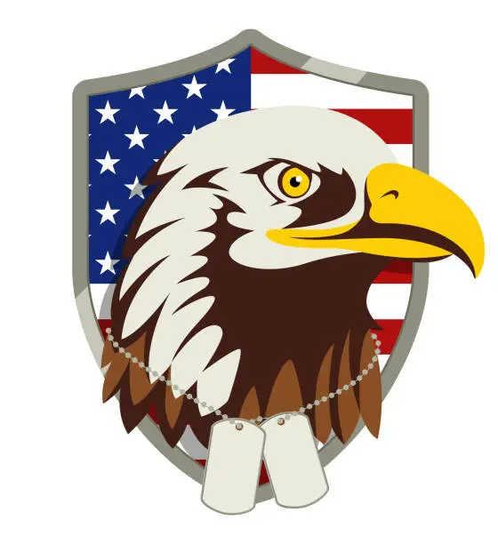 Vector illustration of American bald eagle head wearing military dog tag