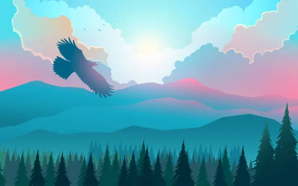 Vector illustration of Beautiful scenery with twilight colors decorated by pine trees and eagles flying above the sky