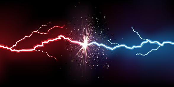Electric lightning collision. VS battle effect. Flash light. Thunderbolts clash. Thunder burst with sparks. Fight power. Storm light. Sport game competition blank banner. Vector background concept