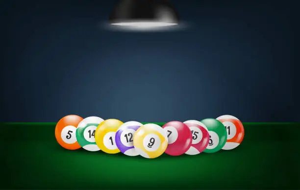 Vector illustration of Color billiard balls on green table with lamp. 3d vector banner with copy space