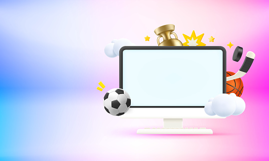 Computer monitor with sports elements and blank screen. 3d vector banner with copy space