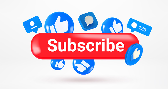 Social media icons and Subscribe button. Vector 3d illustration