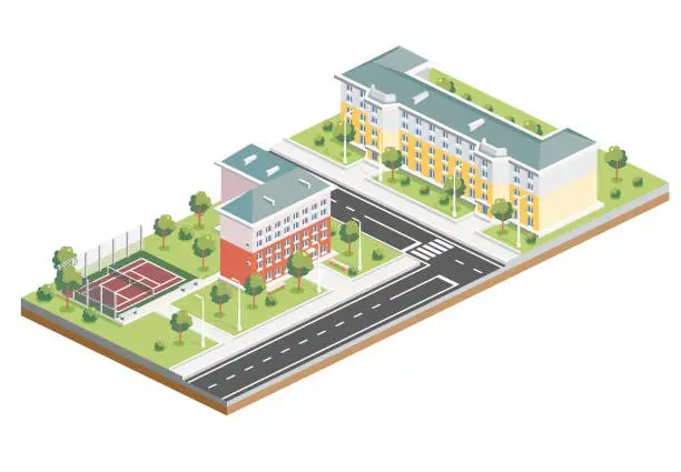 Vector illustration of Isometric Residential District. Two Five Storey Buildings. Hotel with Tennis Court. Infographic Element.