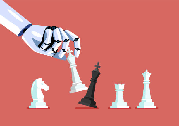 Robot hand use white king checkmate the black king vector art illustration