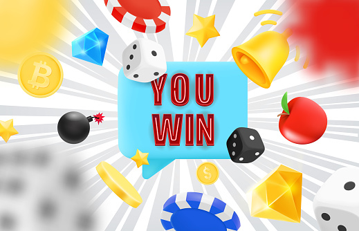 You win concept with casino chips, dice and coins. 3d vector illustration