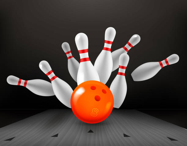 istock Billiard skittles and yellow ball on bowling valley. 3d vector illustration. Strike concept 1494729322