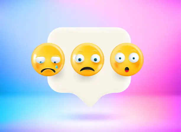 Vector illustration of Message with sad emojis. Chat bubble with cute emoji. Vector 3d illustration