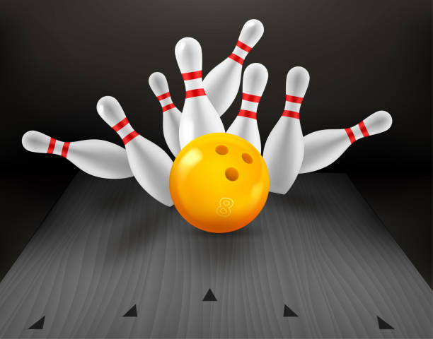 istock White billiard skittles and yellow ball on bowling valley. 3d vector concept 1494729420