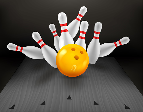 White billiard skittles and yellow ball on bowling valley. 3d vector concept